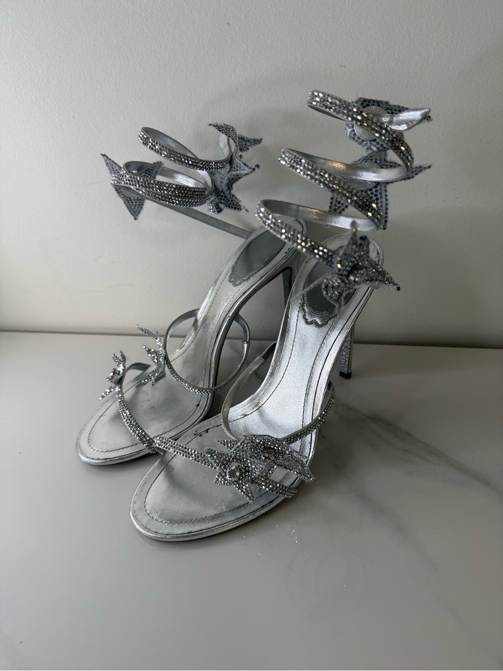 René Caovilla Cleo Star Silver Crystal Spiral Heels Sandals - Picture 2 of 13